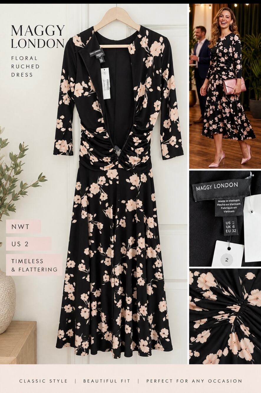 Maggy London Floral Ruched Midi Dress NWT